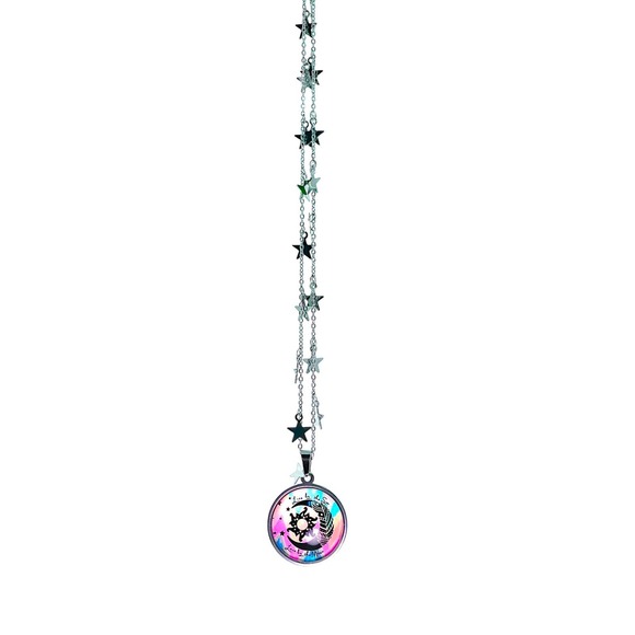 Tie-Dye Moon Fancy Celestial Chain Necklace, Rainbow Handmade Hippie Pendant - Picture 2 of 8